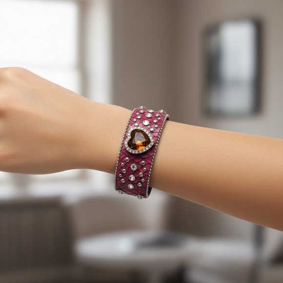 Jewelry - Wide‎ Cuff Heart-Embellished Red Leather Bracelet